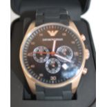 New boxed Emporio Armani chronograph wristwatch with multi-dial black face with a rose gold