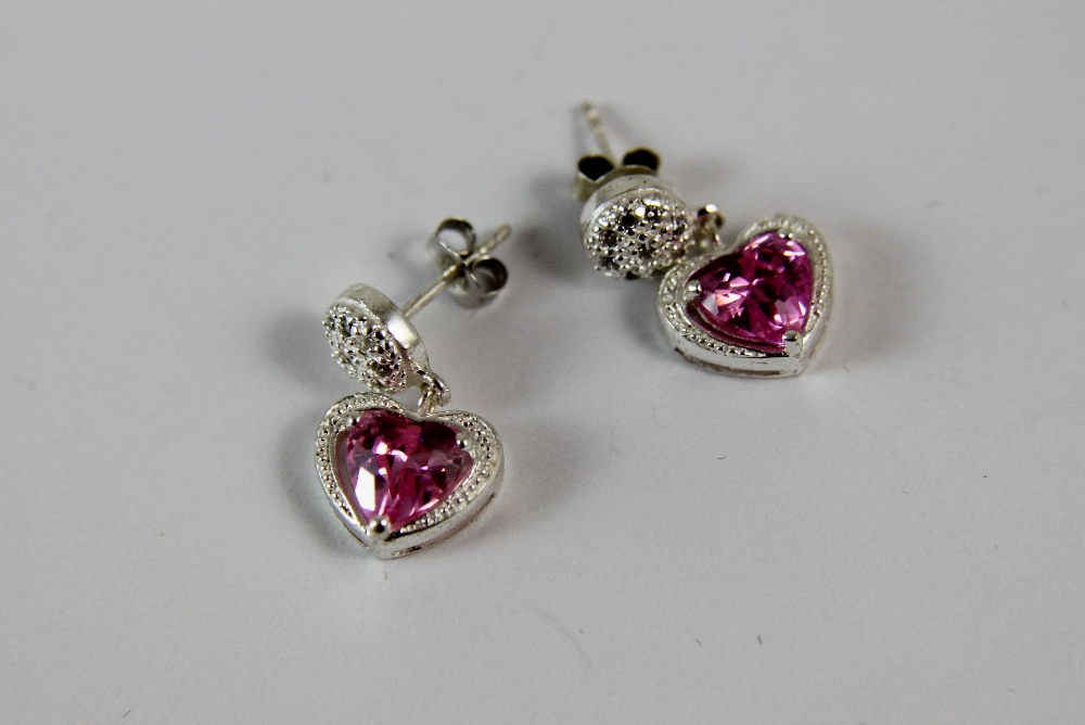 Silver pink stone heart drop earrings