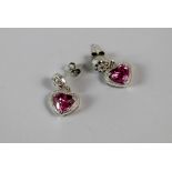 Silver pink stone heart drop earrings