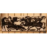 Unusual ceramic picture of warriors on horseback, back signed Kuao R.S.H.