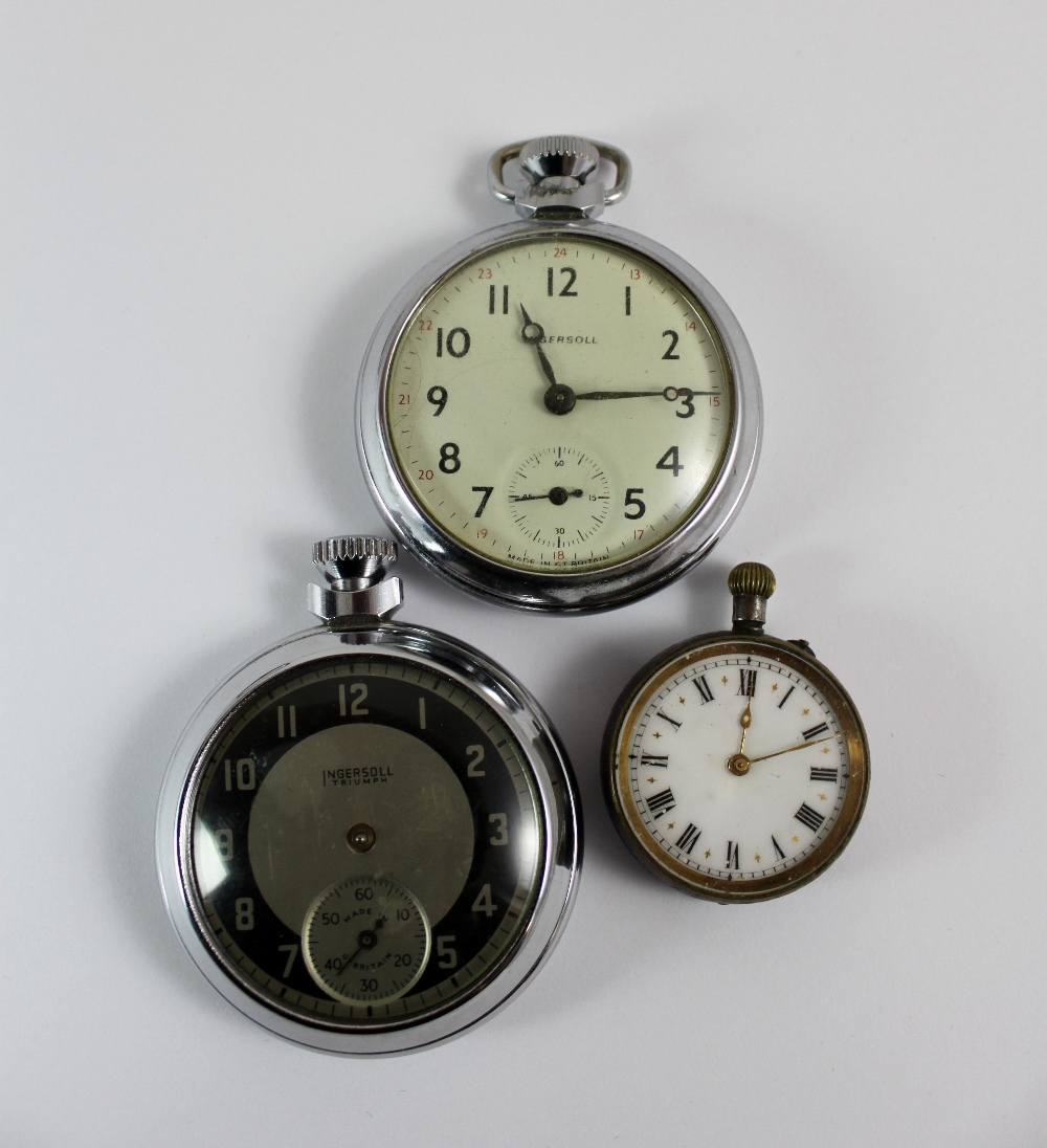 Two stainless steel pocket watches and a fob watch