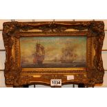 Antique oil on canvas of sailing ships with gilt plaster frame.