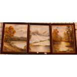 Three oil on canvas lake scene pictures,