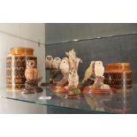 Six ceramic owl figures and two large Hornsea ceramic kitchen containers