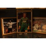 Three framed pictures/prints of Manchester United players all with a signature,