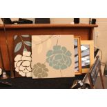 Two canvas with floral design and two rectangular pine framed mirrors