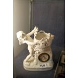 Bisque continental cherub vase with inset mechanical clock