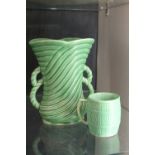 A Sylvac green swirl vase and a Sylvac green barrel mug.