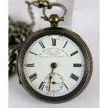 Hallmarked silver open faced key wind pocket watch lacking crystal with white metal Albert chain.