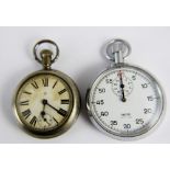 White metal crown wind pocket watch and a crown wind Smiths stop watch