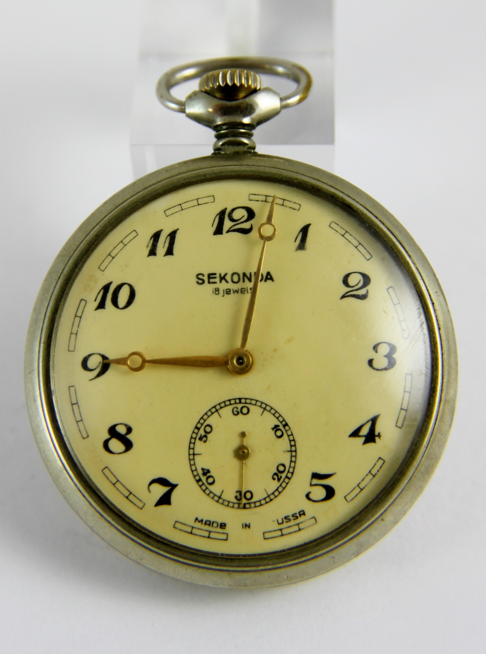 White metal 18 jewel Sekonda crown wind made in USSR pocket watch,