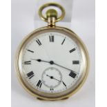 Gold plated open faced pocket watch with roman numerals