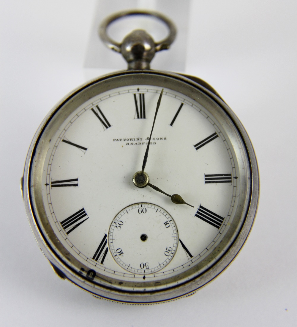 Hallmarked silver open face key wind pocket watch marked Fattorini & Sons Bradford.