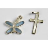 Two sterling silver pendants one with butterfly and the other cross both with mother of pearl inlay