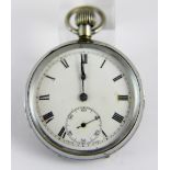 White metal open face crown wind pocket watch with roman numerals,