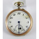 Gold plated open faced pocket watch with arabic numerals,