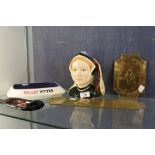 Royal Doulton character jug of Jayne Seymour A/F, brass toilet signs,