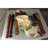 Tray of mixed collectables including pipes and a harmonica