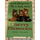 Original pre 1953 Cherry Blossom shoe polish advertising tin sign depicting cats by Chiswick