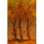 C. Jannells mixed media on foil painting of trees, 15 x 30 cm