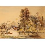 Charles Henry Reinike watercolour on paper river boat and forest scene, framed and glazed,