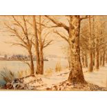 Oil on canvas winter forest and lake scene by Fredlander