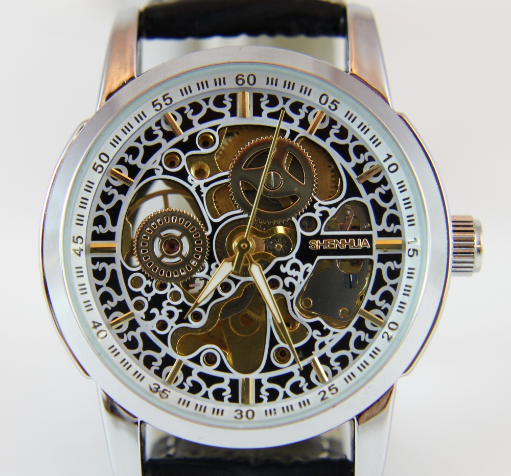 Automatic skeleton movement stainless steel gents wristwatch with leather strap