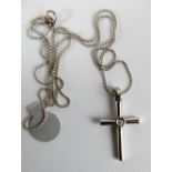 9ct white gold diamond set cross on 9ct white gold ball necklace