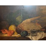 Still life of a mallard and vegetables,