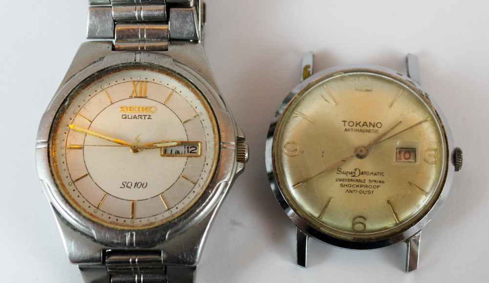 Seiko quartz SQ100 stainless steel wristwatch and a Tokano wristwatch head