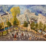 Oil painting Children playing in Fountains, Piccadily Square, Manchester by Michael Gutteridge,