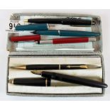 Box of mixed fountain pens including 14ct gold nib example