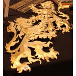 Two decorative gold painted steel rampant lion figures H:55 cm.