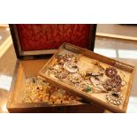 Walnut sewing box containing a selection of costume jewellery