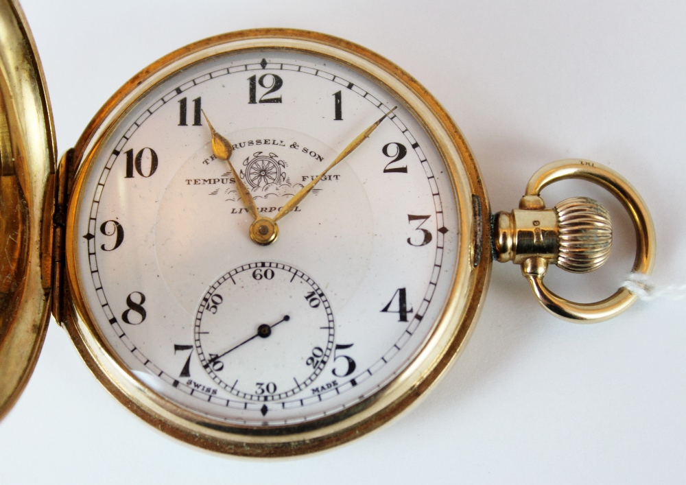 9ct gold full hunter, crown wind pocket watch from Thomas Russell of Liverpool.