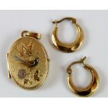 9ct gold small fancy locket and 9ct gold pair of small loops