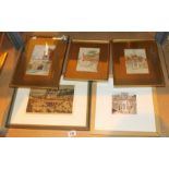 Three original framed water colours and two prints