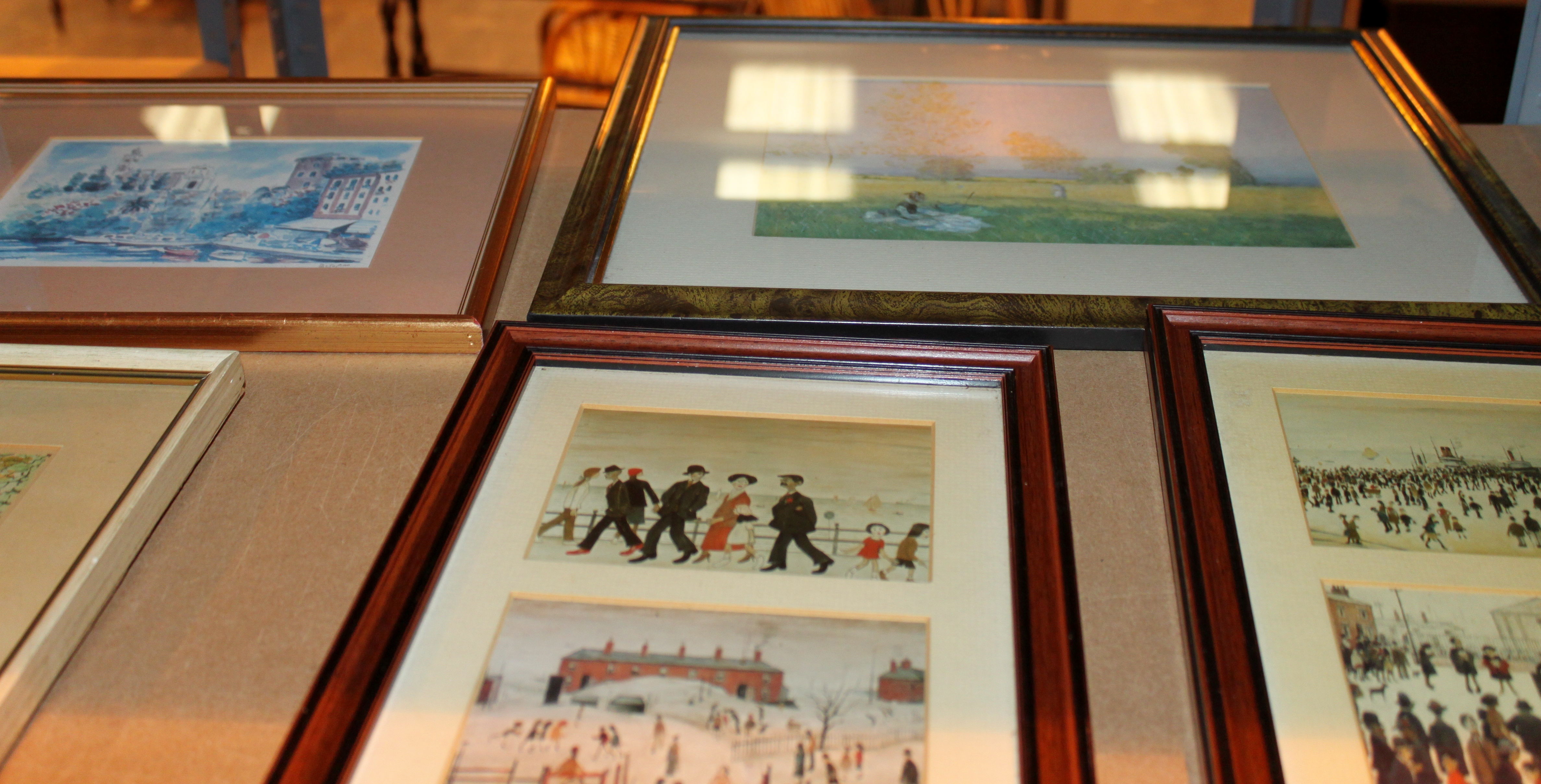 Five framed prints including Lowry