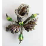 Presumed silver marcasite & enamel orchid brooch. H: 9.5 cm.