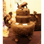 18th century bronze Oriental censer with dragons and dog of fo decoration, seal signed to base H: 45