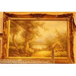 Gilt framed oil on canvas of country scene,