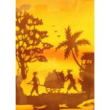 Silhouette painting on cloth of two men and a cart,