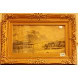 Gilt framed oil on canvas or lake and mountain, signed F.