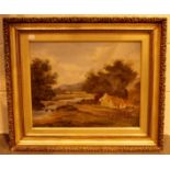 Gilt framed oil on canvas of a country scene.