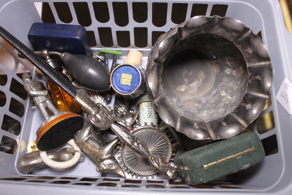 Basket of mixed collectables including a knife and some silver pieces