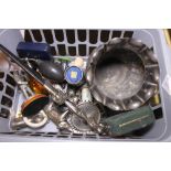 Basket of mixed collectables including a knife and some silver pieces