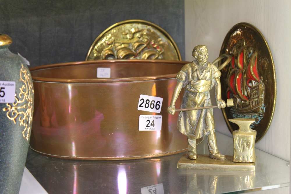 Quantity of copper and brass including large copper pan