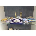 Quantity of collector's plates and two brass vases