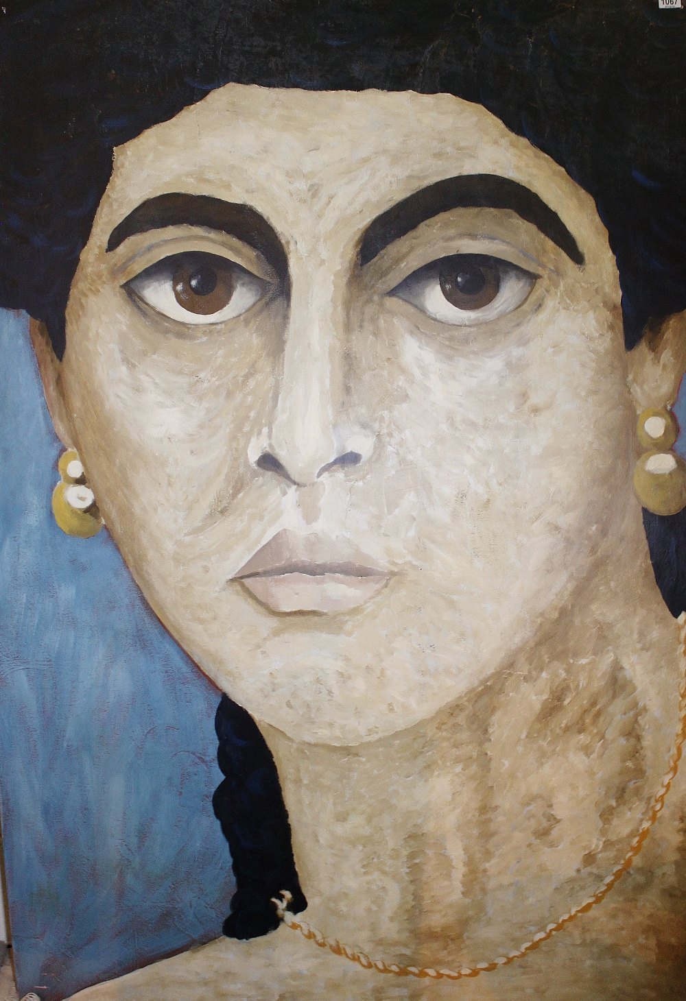Oil on board stage set painting of a ladies face 120 x 180 cm