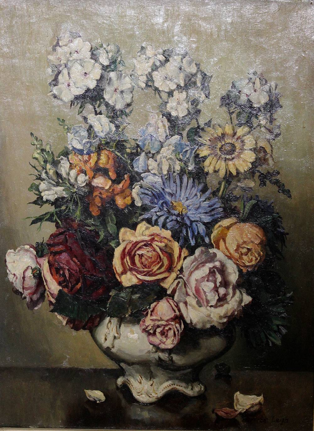 Oil on canvas of floral display by Bertram Leigh,